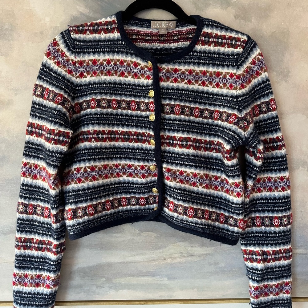 J. Crew Real Wool Women's Navy and Red Patterned Cardigan